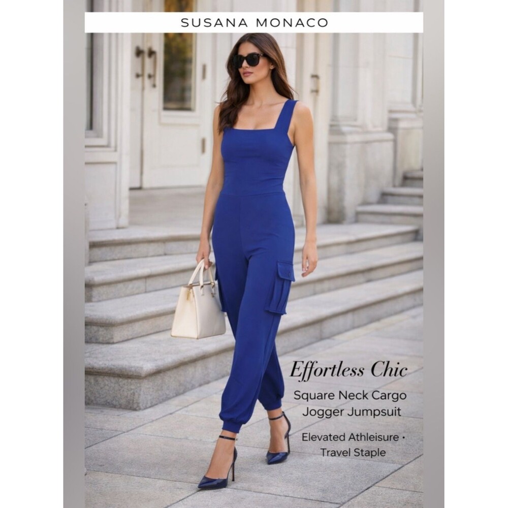 Susana Monaco NWT Cobalt Blue Stretch Jumpsuit Square Neck Cargo Pocket Ankle 12